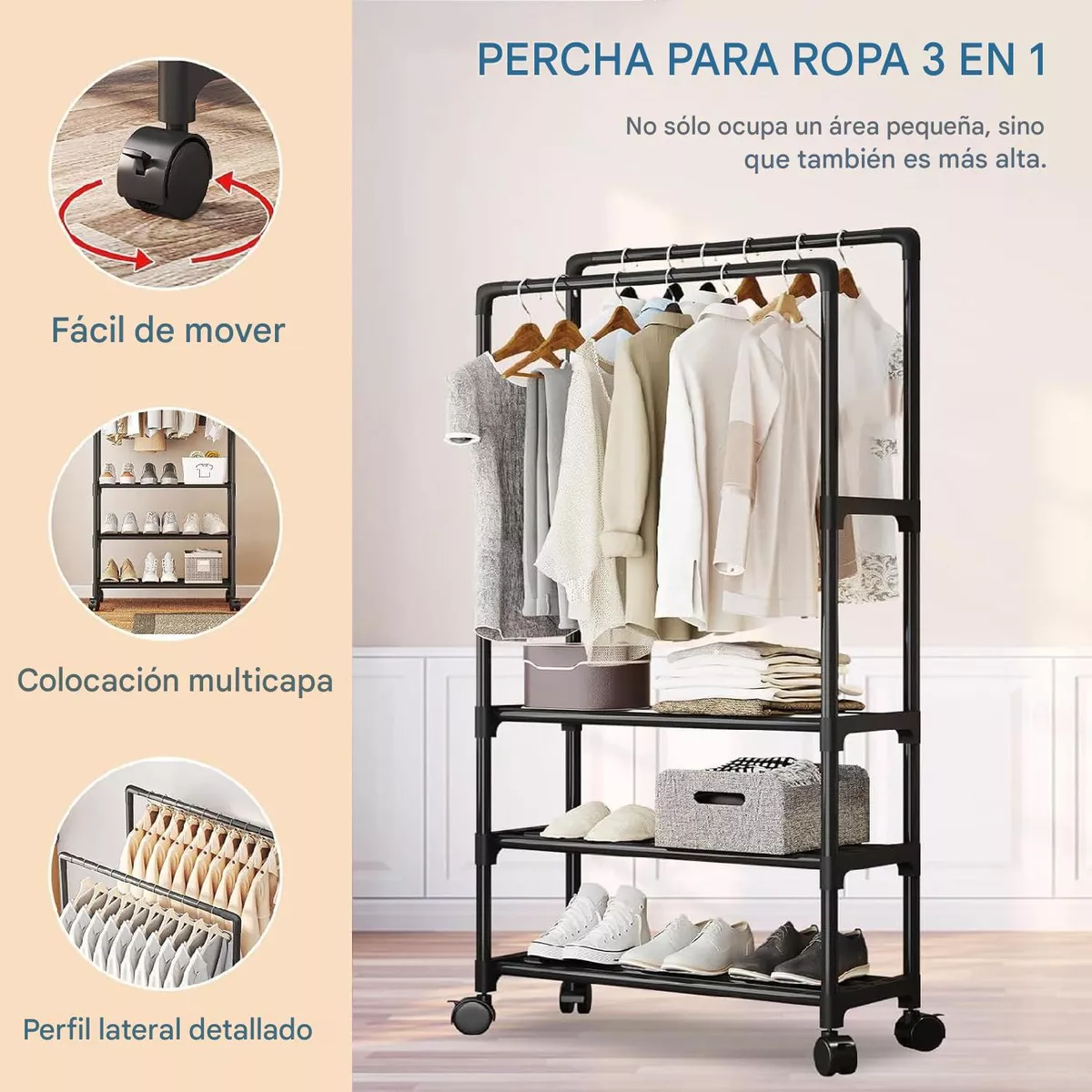 Perchero Organizador 3 en 1 Con Ruedas 2 Estante 3 pisos - Image 2